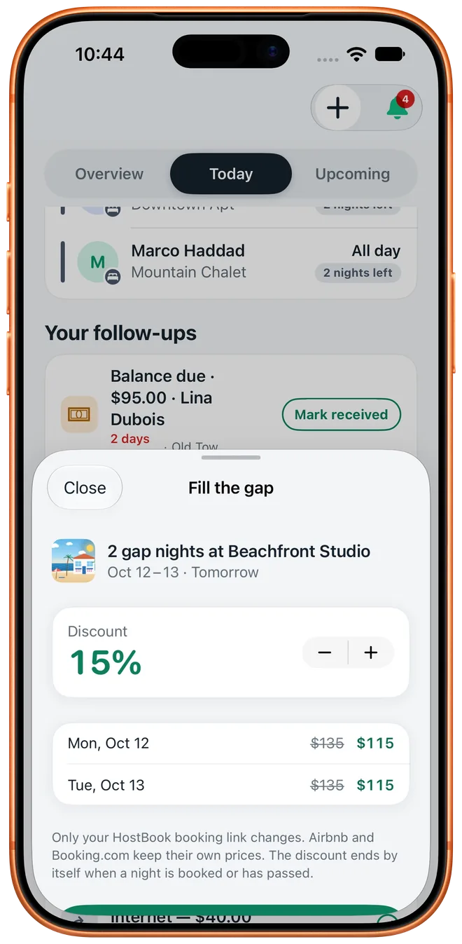 The Fill the gap sheet: 2 gap nights at Beachfront Studio, discounted 15% from $135 to $115 a night