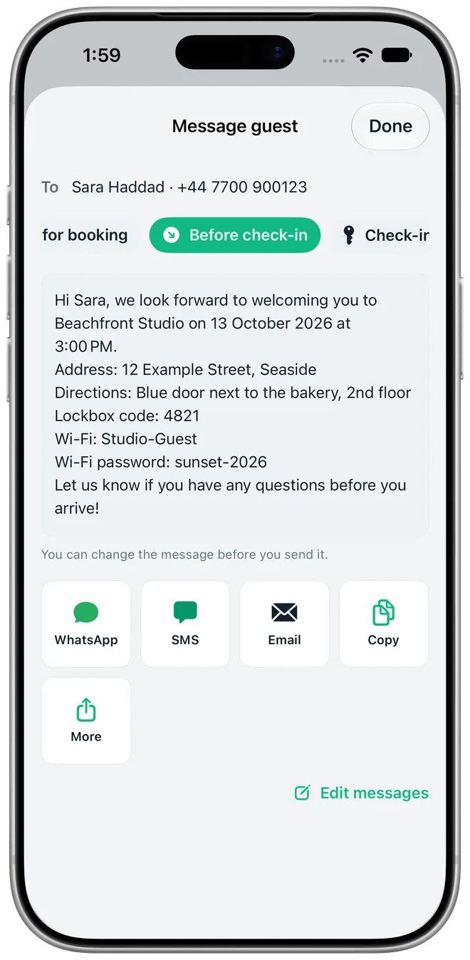 The prepared check-in message with WhatsApp, SMS, Email and Copy buttons