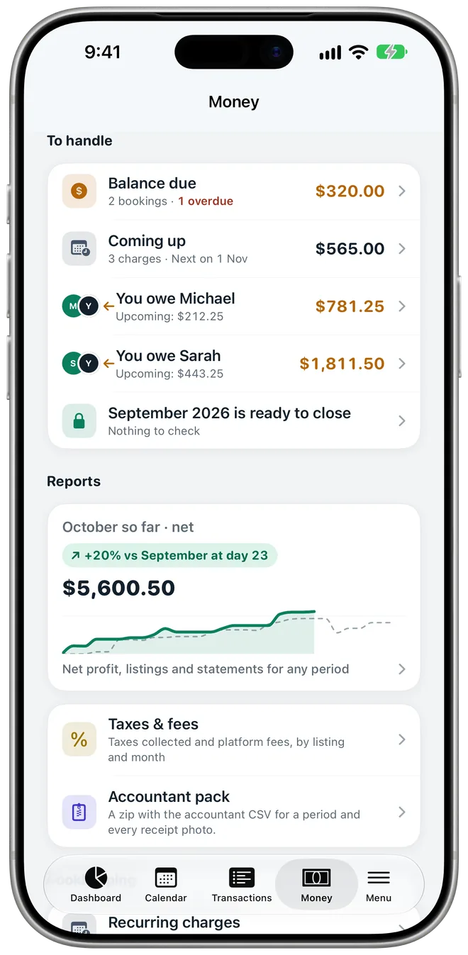 The Money tab: balance due $320.00, coming up $565.00, you owe Michael $781.25, you owe Sarah $1,811.50, September ready to close
