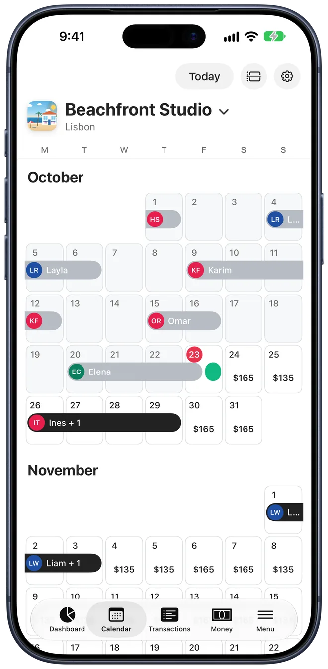 Month view on iPhone for Beachfront Studio, stays as bars across October and November