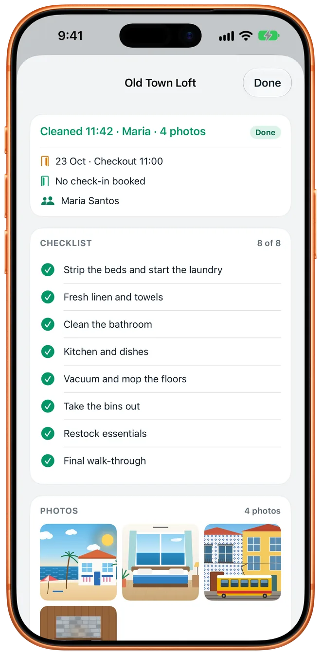 A finished turnover at Old Town Loft: 8 of 8 checklist items and 4 photos