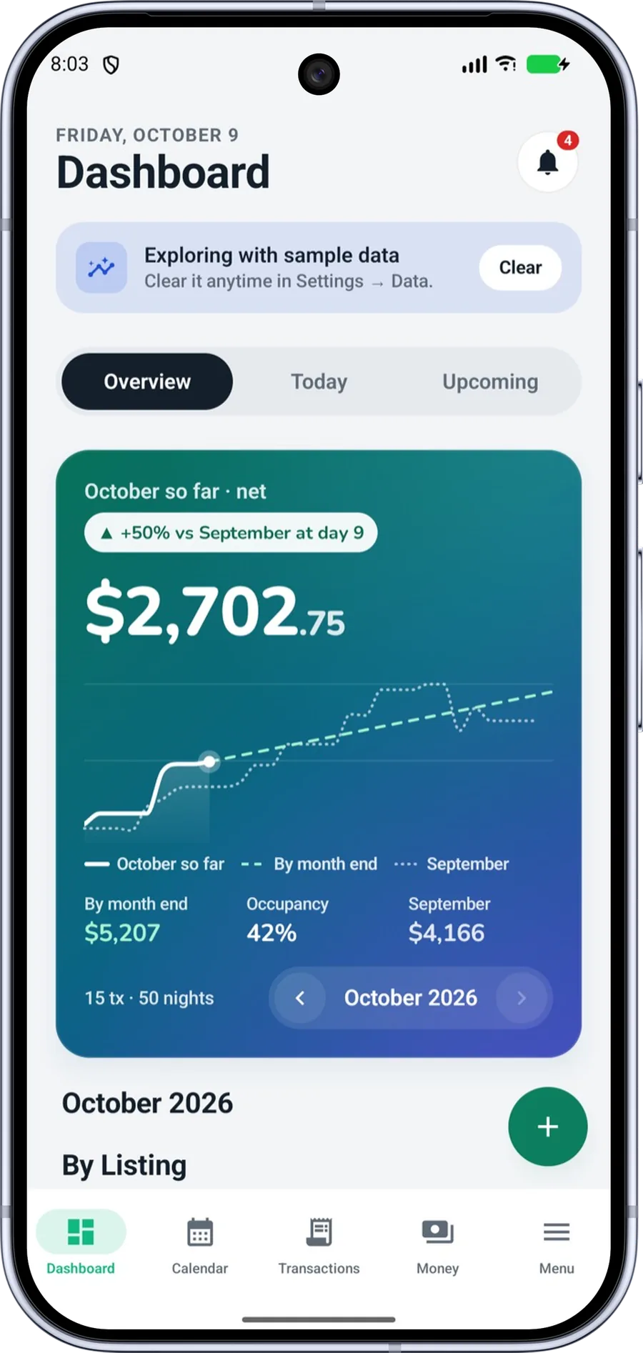 HostBook Dashboard on an Android phone