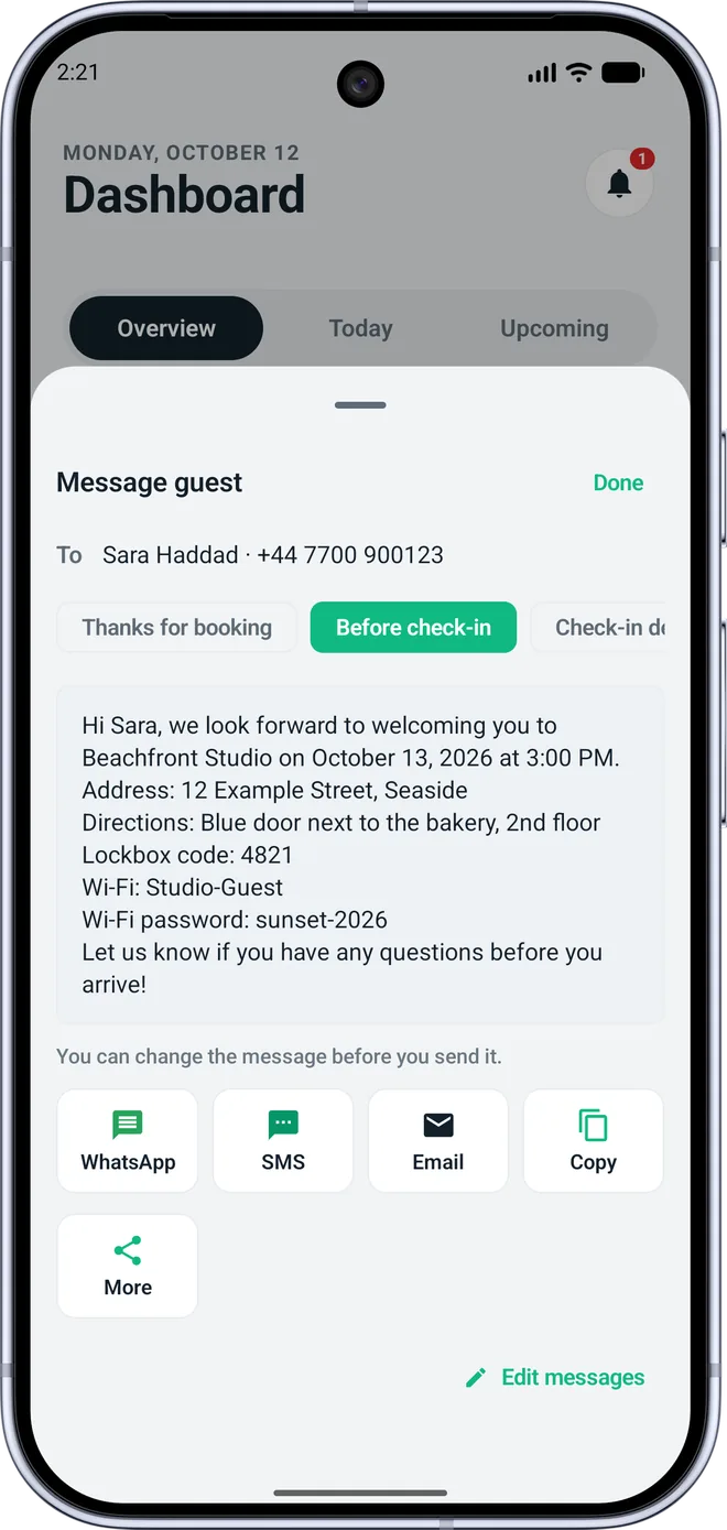 The Message guest sheet on Android with a check-in message ready to send