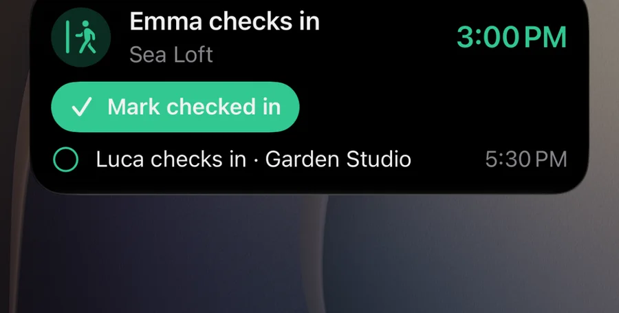 The Lock Screen Live Activity: Emma checks in at 3:00 PM with a Mark checked in button, Luca checks in at Garden Studio at 5:30 PM